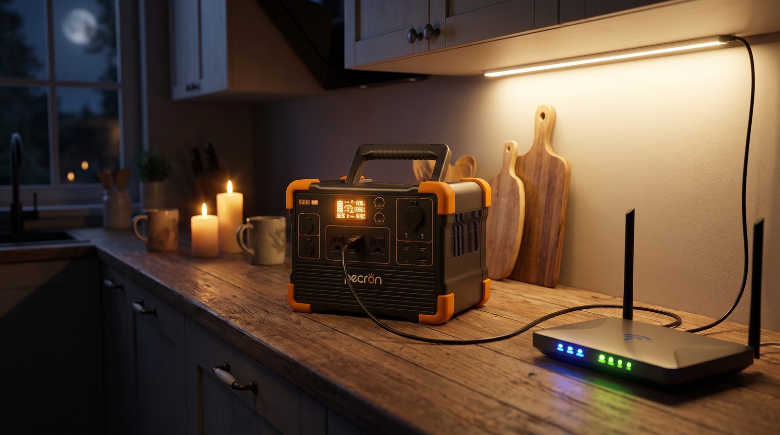 Pecron E600LFP portable power station running a router and lights during an outage