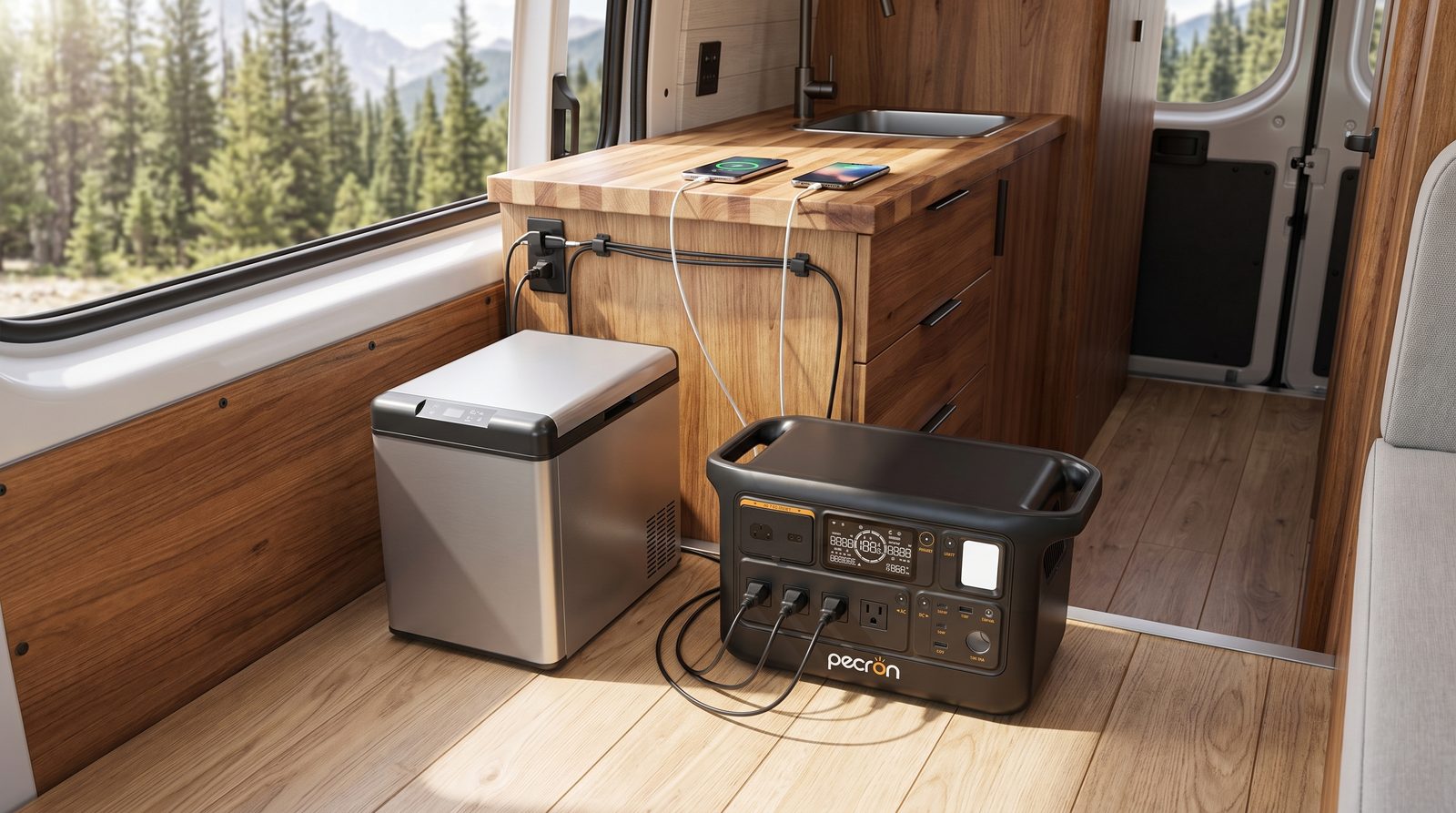 Pecron F1000LFP portable power station powering a fridge in a camper van
