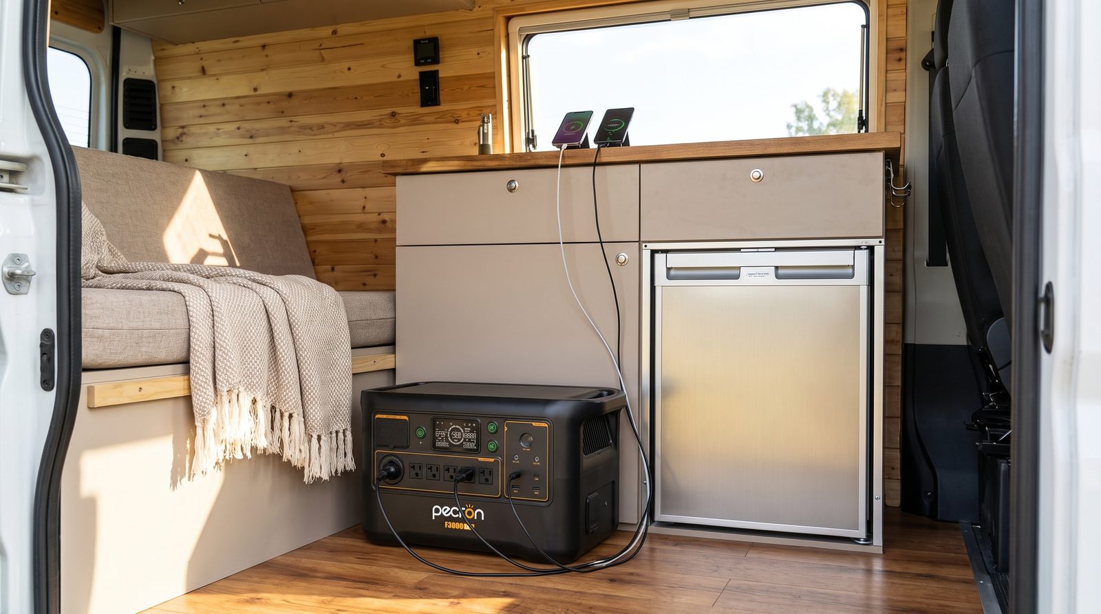 Pecron F3000LFP portable power station powering appliances inside an RV