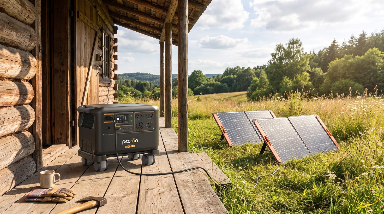 Pecron F5000LFP portable power station charging from solar panels at an off-grid homestead