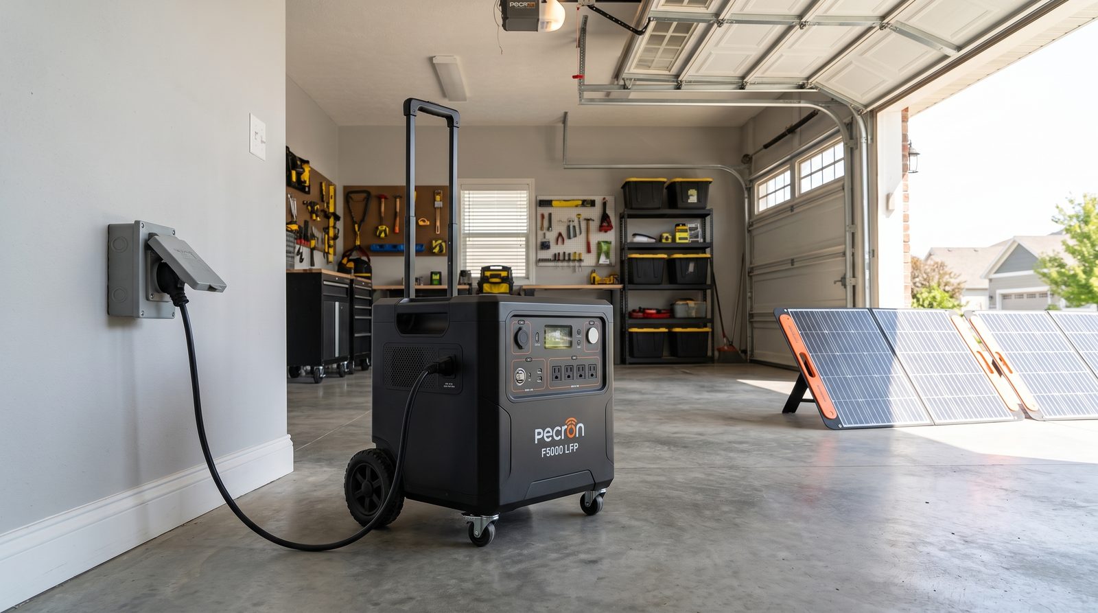 Pecron F5000LFP portable power station set up as whole-home backup power in a garage