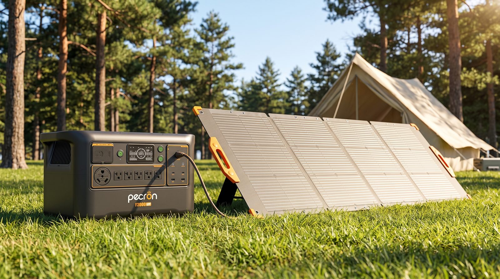 Pecron PV200 200W solar panel charging a Pecron power station at a campsite