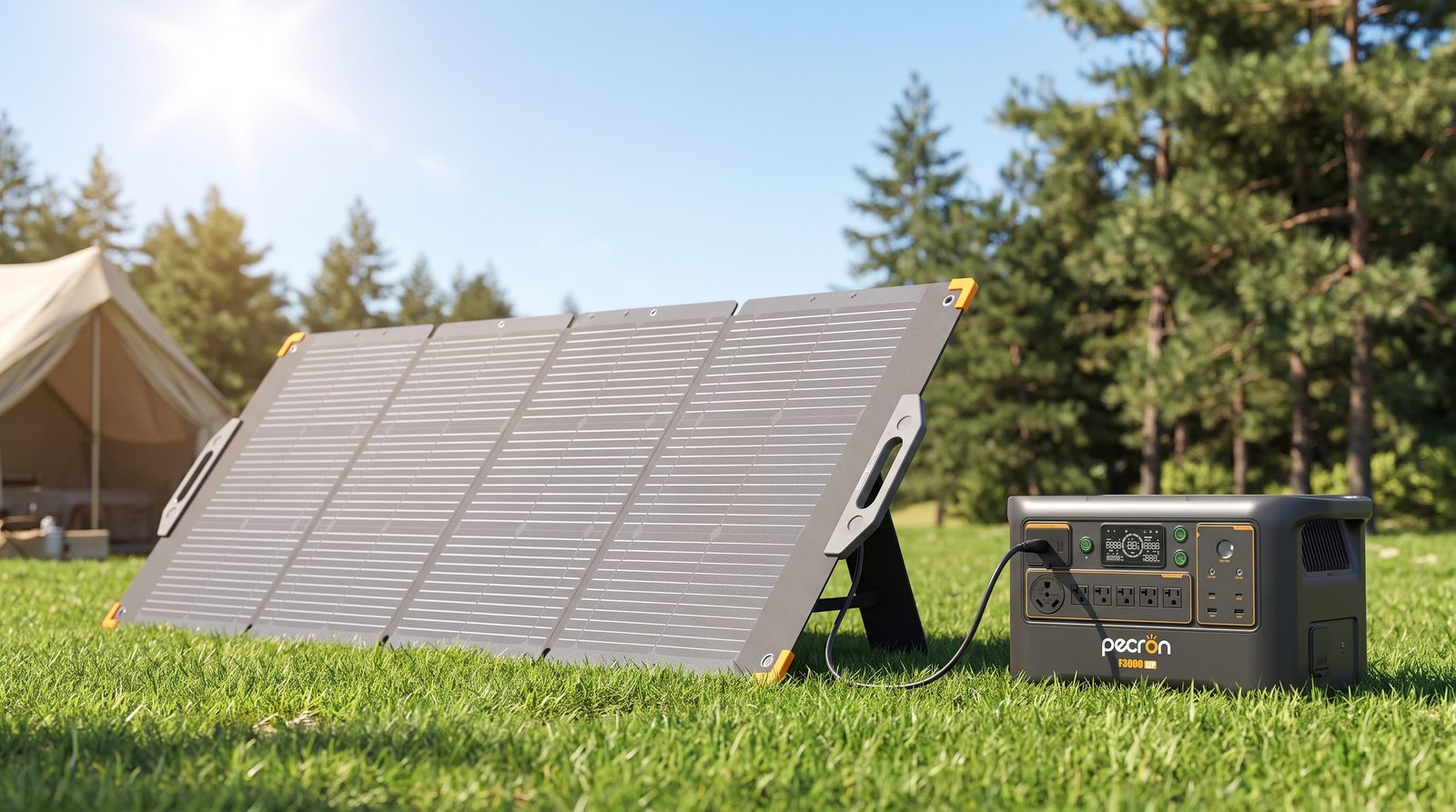 Pecron PV300 300W solar panel charging a Pecron power station at a campsite