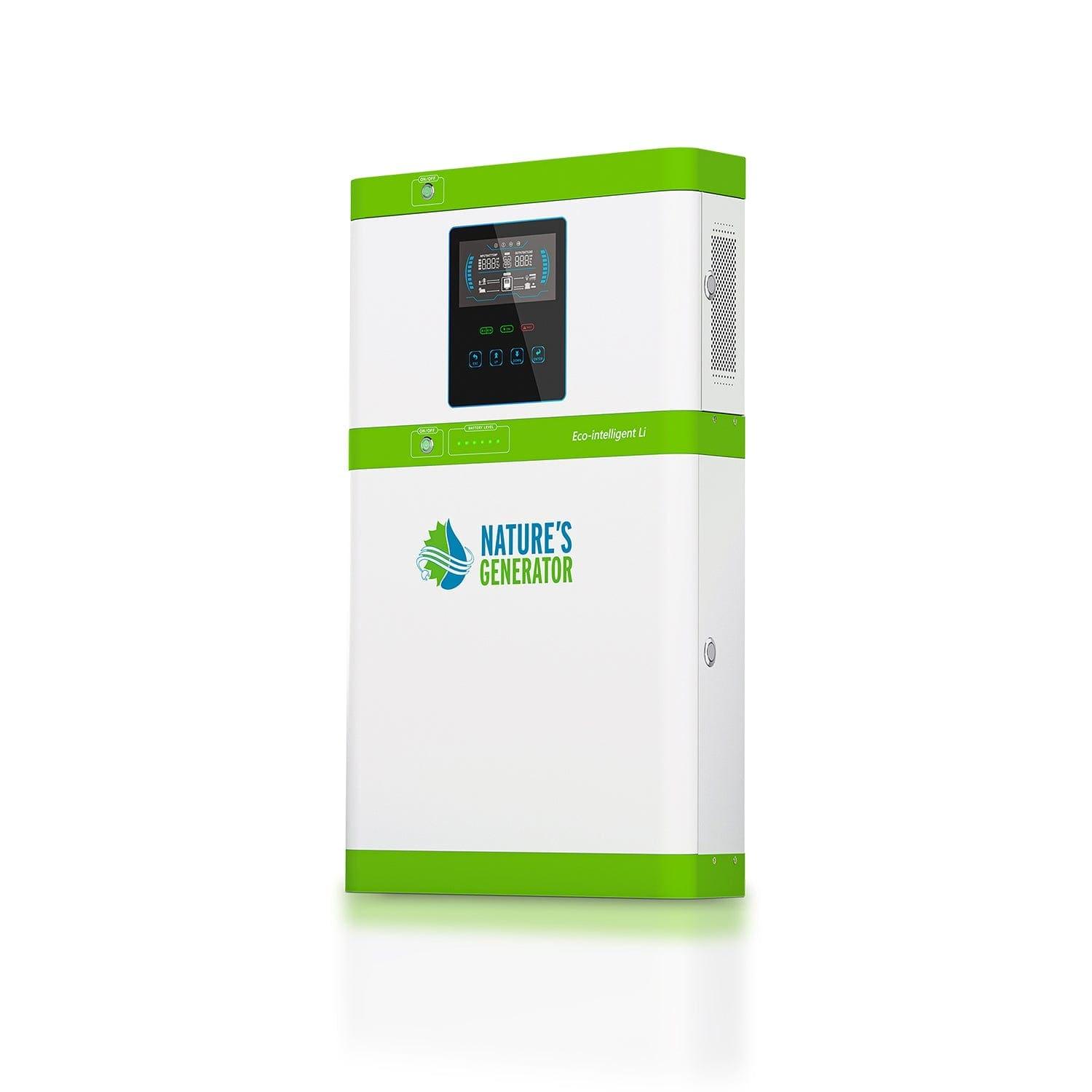 The Nature's Generator rectangular white and green battery backup unit stands upright on a white background, featuring a digital display, buttons, vent panel, and LiFePO4 batteries for reliable home power backup.