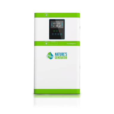 Nature's Generator, a white and green rectangular power generator with a digital display and control panel, uses reliable LiFePO4 batteries—ideal for dependable home power backup.