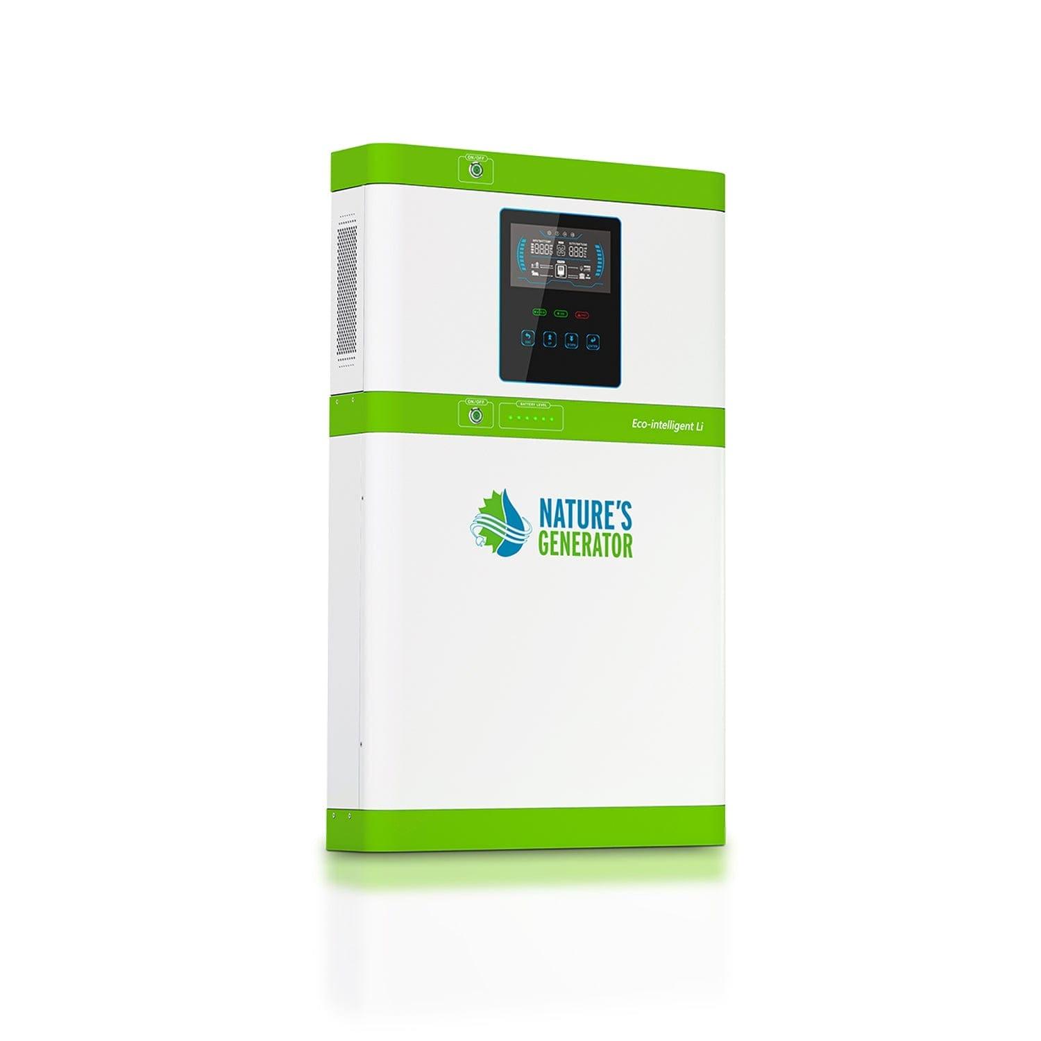 A white and green rectangular electric generator from Nature's Generator, featuring a digital control panel and LiFePO4 batteries, stands upright against a plain white background.
