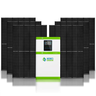 A large, rectangular Nature's Generator Powerhouse stands before ten tall black solar panels in two rows; this advanced solar power system features green accents and prominently displays the Nature's Generator brand on its white front.