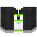 A large, rectangular Nature's Generator Powerhouse stands before ten tall black solar panels in two rows; this advanced solar power system features green accents and prominently displays the Nature's Generator brand on its white front.