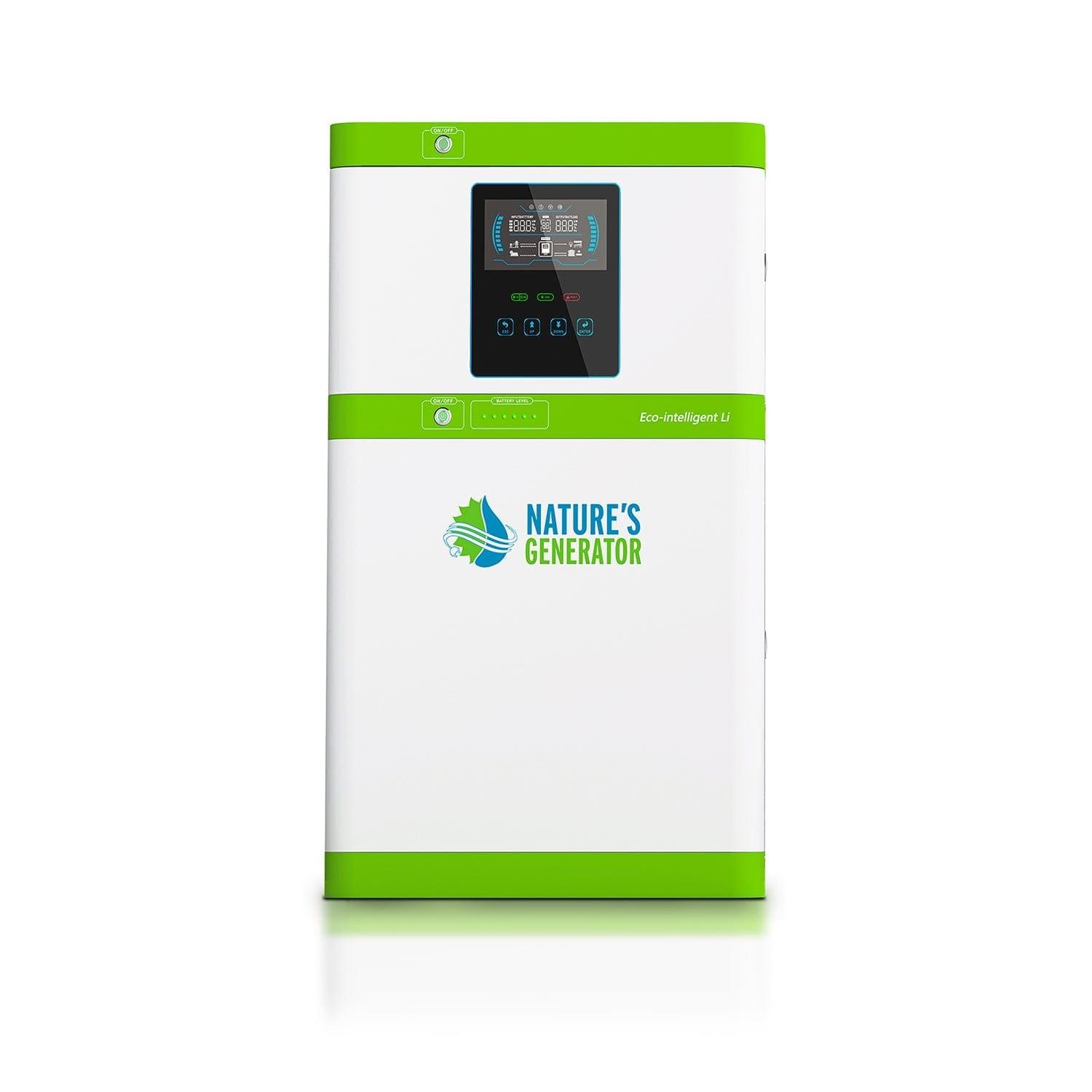 The Nature's Generator Powerhouse, a white and green rectangular device featuring a digital display and control buttons on the front, is designed for seamless solar panel integration and stands upright against a white background.
