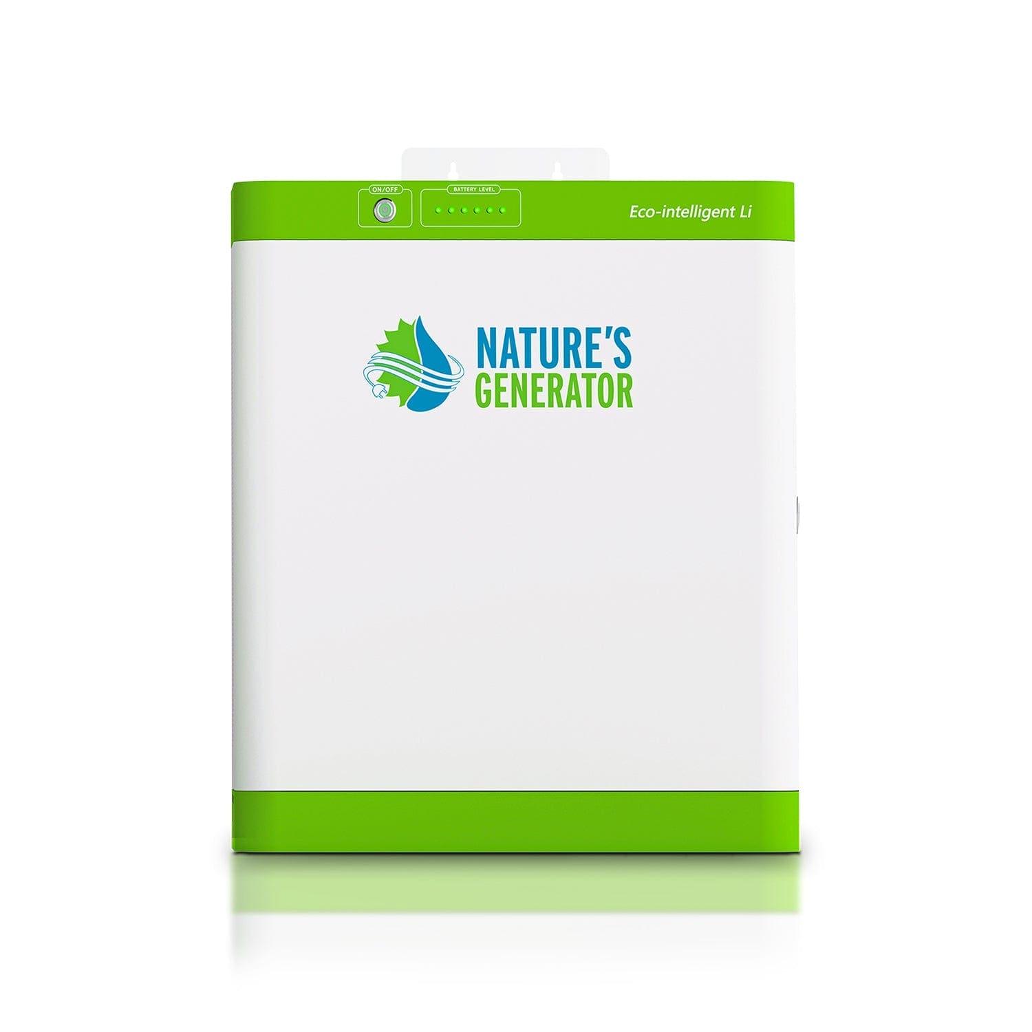 A rectangular white and green device by Nature's Generator with a leaf logo, control buttons, and indicator lights on the top front panel, designed to connect with solar panels or LiFePO4 batteries in the Powerhouse system.