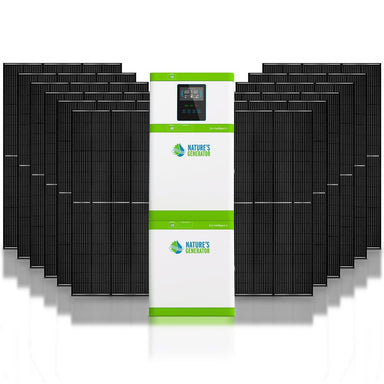 A large white and green Nature's Generator unit stands before several rectangular black solar panels arranged in a semi-circle, harnessing energy with reliable LiFePO4 batteries.