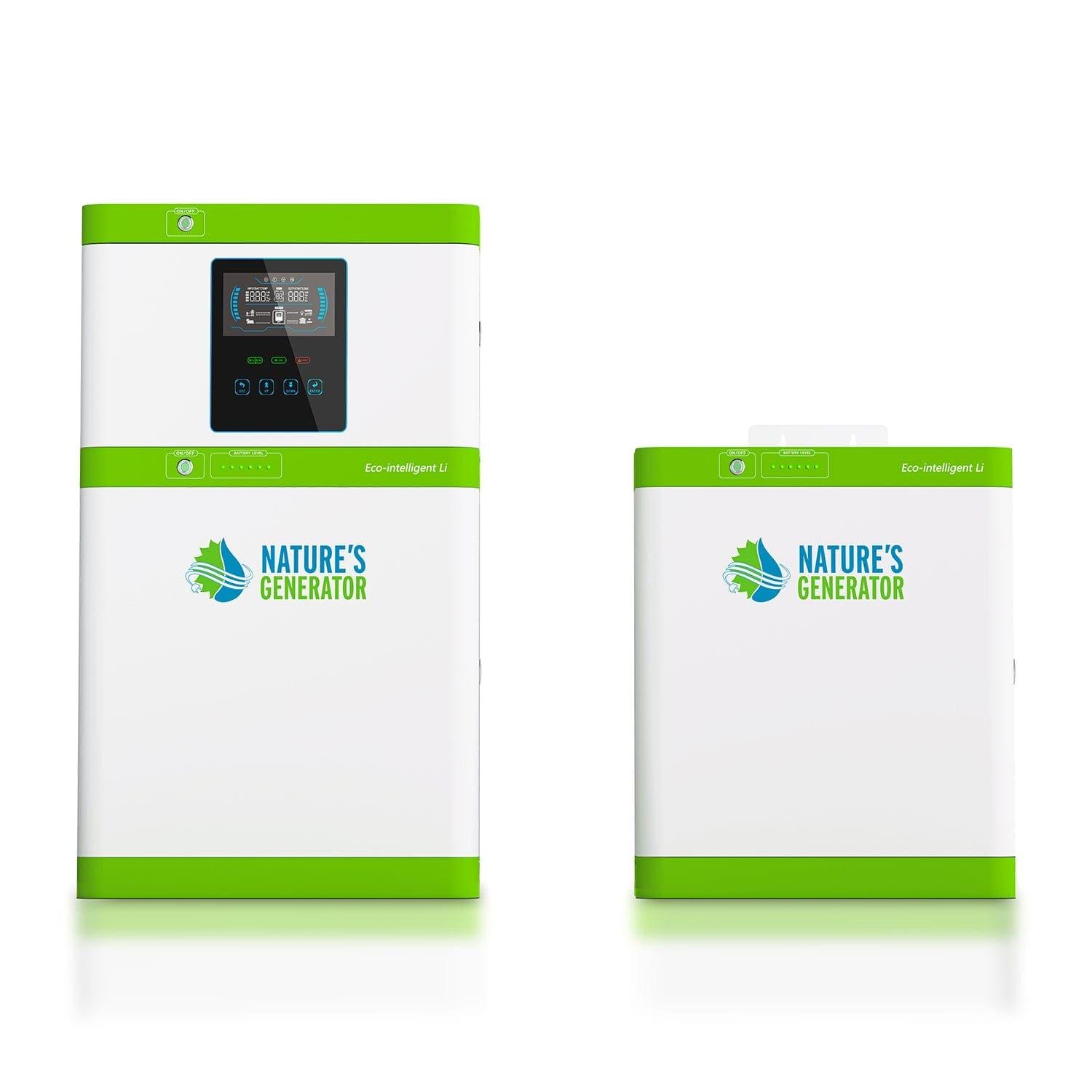 Two white and green Nature's Generator units with digital displays: the taller unit has a control panel, while the shorter, wider one uses eco-intelligent branding and LiFePO4 batteries for efficient solar integration.