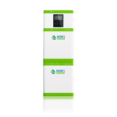 A tall, rectangular white and green device from Nature's Generator with a top digital display and pure sine wave technology—ideal as a home power backup—displayed against a plain white background.