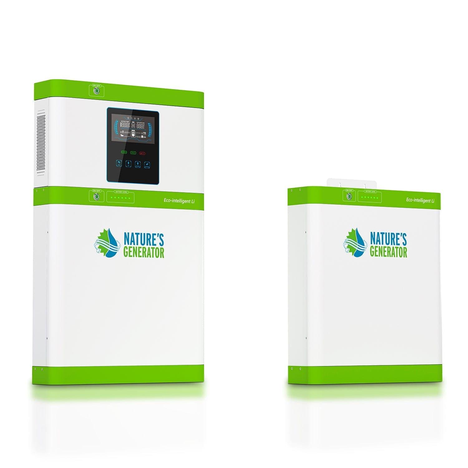 Two white and green Nature's Generator units are side by side on a white background; the larger unit has a control panel, display screen, and provides pure sine wave output, making it ideal for home backup power.