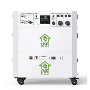 The white Nature's Generator portable power station, labeled “Power House” and “Power Pod,” offers reliable home battery backup with control panels, outlets, indicator lights, wheels, and stylish green house and plug logos on its mobile unit.