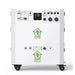 The white Nature's Generator portable power station, labeled “Power House” and “Power Pod,” offers reliable home battery backup with control panels, outlets, indicator lights, wheels, and stylish green house and plug logos on its mobile unit.