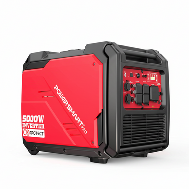 A red and black PowerSmart Pro 5000W portable generator features control buttons, outlets, vents on the side, and displays the “CO Protect” label.