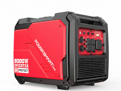 A red and black PowerSmart Pro 5000W portable generator features control buttons, outlets, vents on the side, and displays the “CO Protect” label.