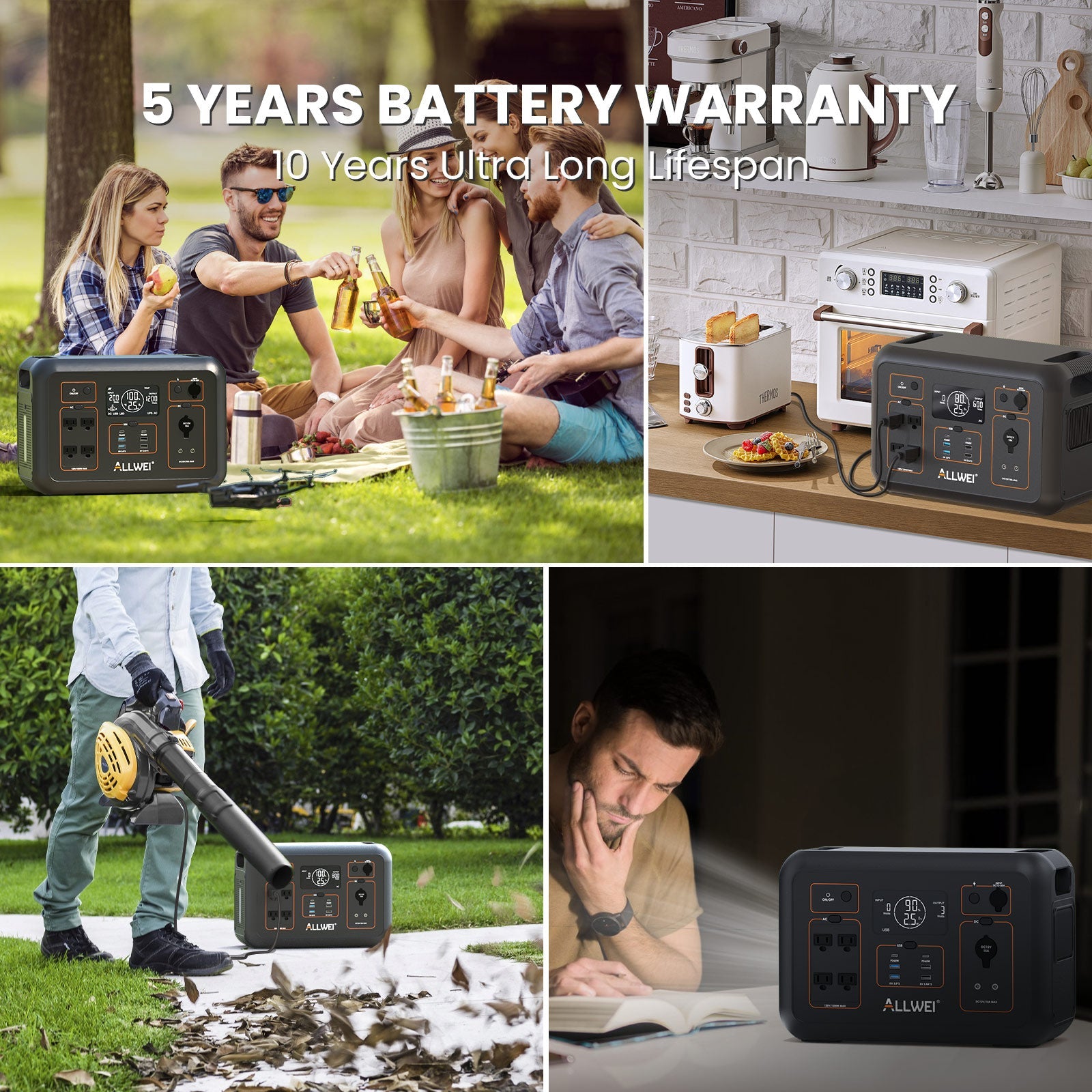Collage of four scenes with the ALLWEI US 1000Wh LFP portable power station: camping, running kitchen appliances, using a leaf blower, and serving as UPS at night. Text: "5 Years Battery Warranty" and "10 Years Ultra Long Lifespan.