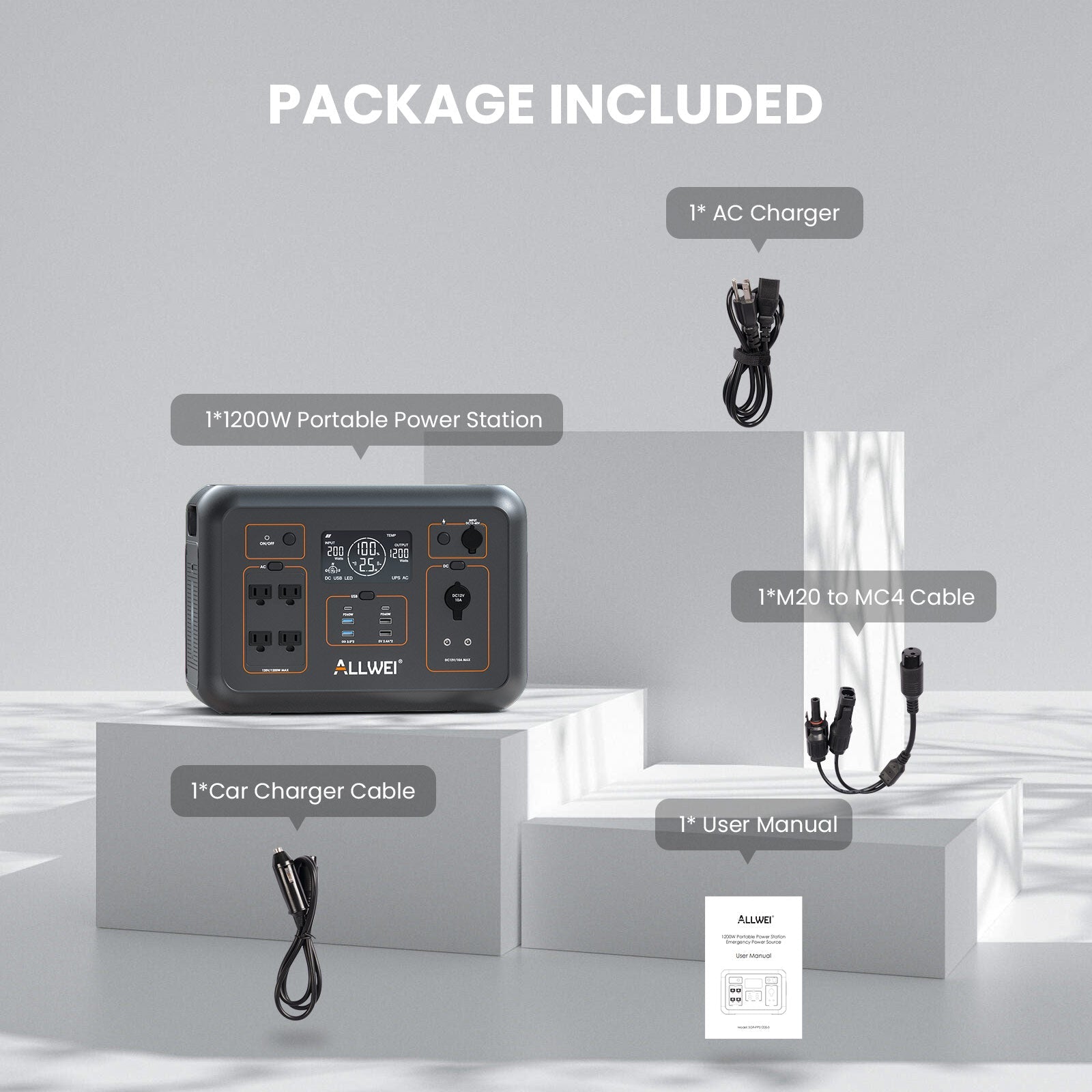 The ALLWEI US 1200W portable power station with 1008Wh LFP battery, built-in UPS, AC charger, car charger cable, M20 to MC4 cable, and user manual is displayed on gray platforms with labeled text showing each item.