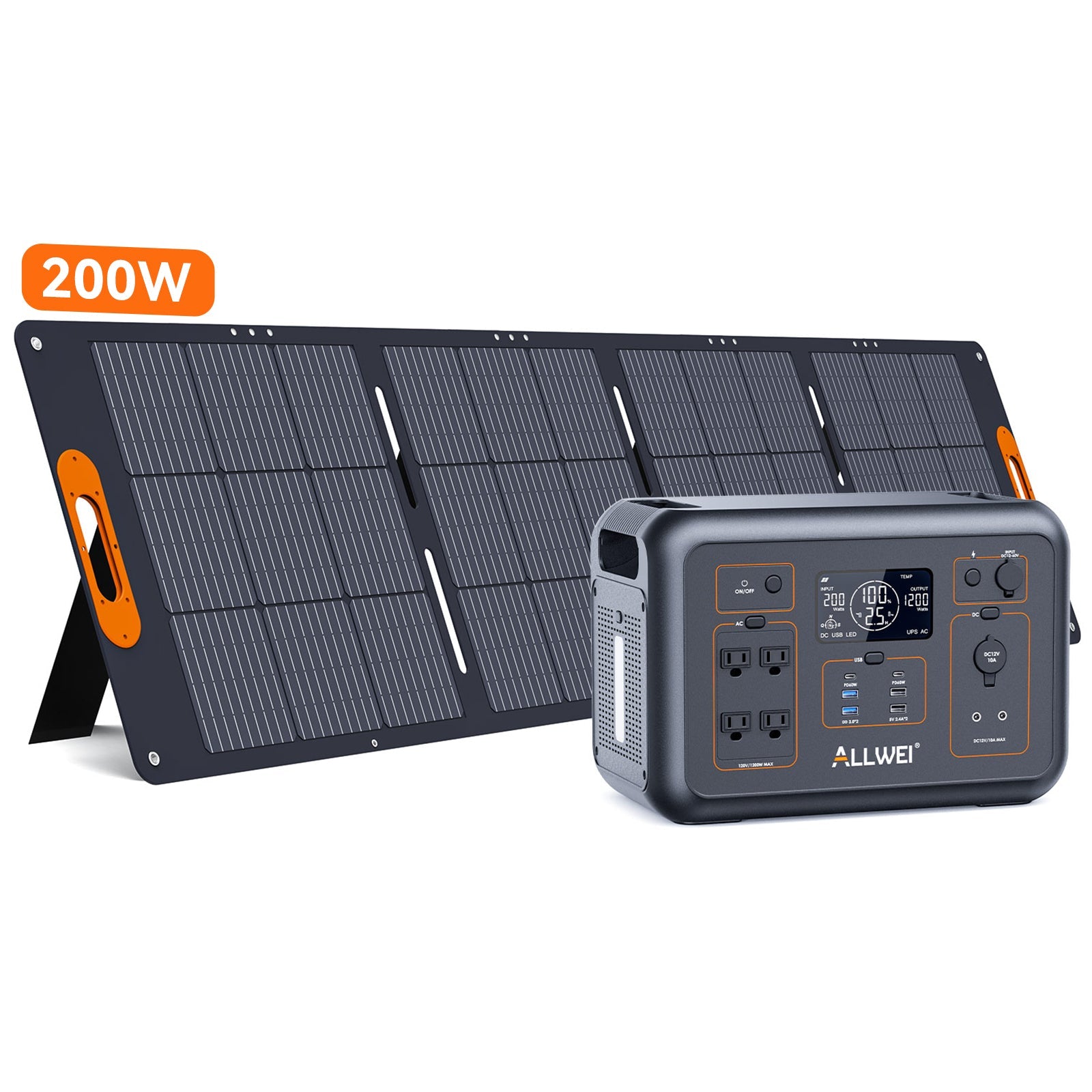 An ALLWEI US 200W portable solar panel with orange handles stands behind a black and gray ALLWEI US power station (1008Wh LFP battery) featuring UPS, multiple outlets, ports, and a digital display.