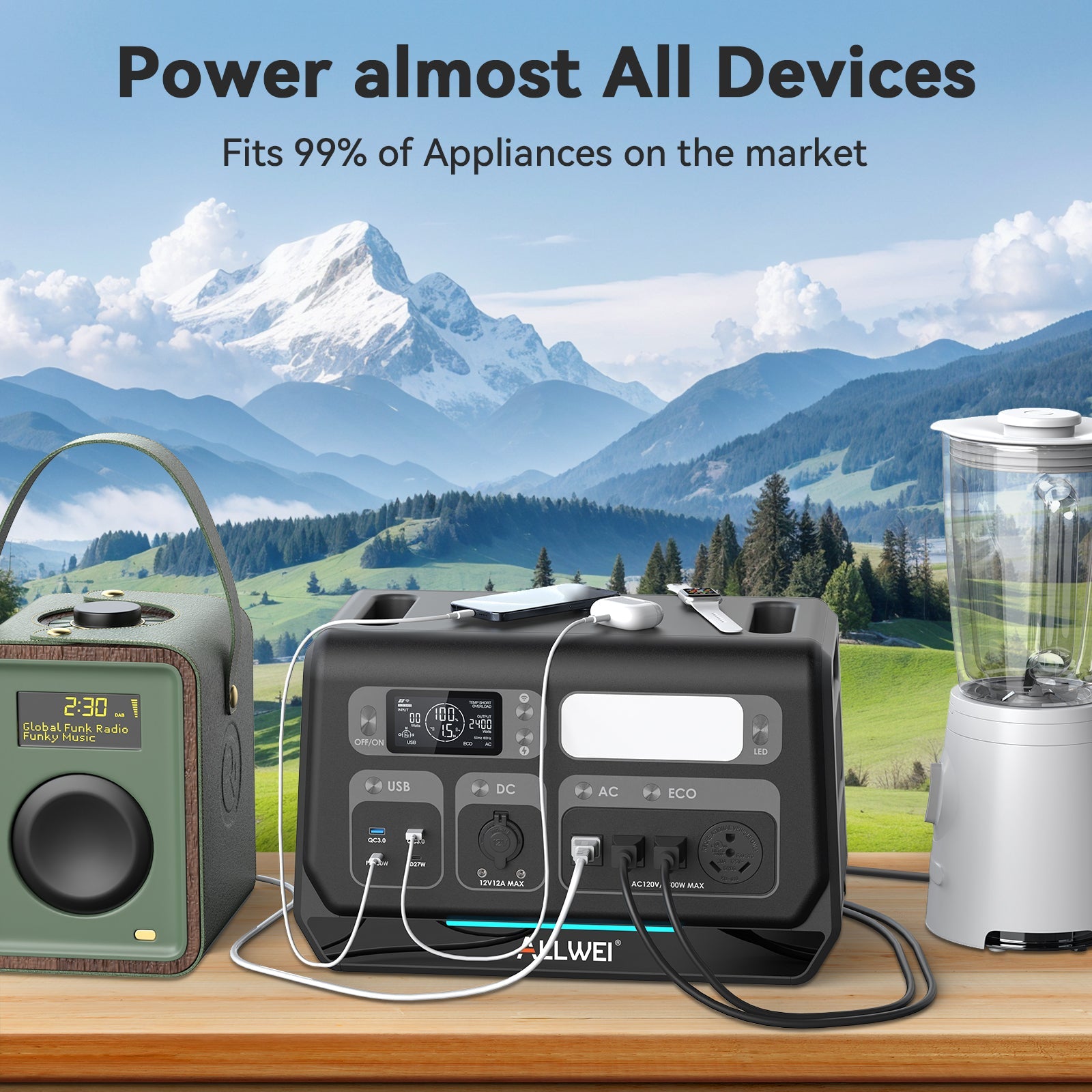 An ALLWEI US solar-compatible portable power station sits on a table outdoors, powering a radio and blender against a scenic backdrop. Text above: “Power almost all devices. Fits 99% of appliances on the market.”.