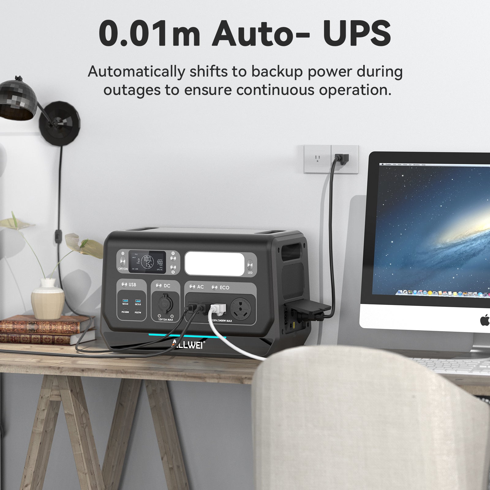 An ALLWEI US portable power station with a LiFePO4 battery sits by a computer monitor, lamp, and plant. Above, text reads: "0.01m Auto-UPS—Automatically switches to backup power during outages for continuous use.