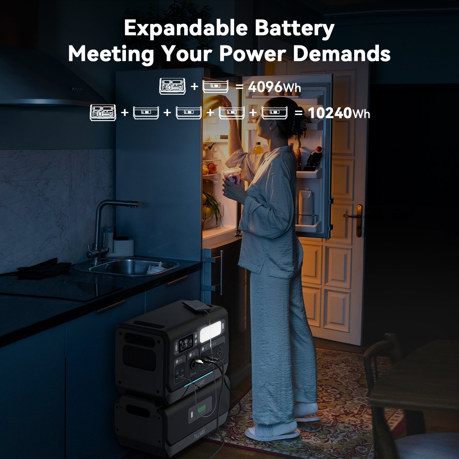 In a dimly lit kitchen, someone looks into an open fridge powered by an ALLWEI US PPS2400 portable power station with a LiFePO4 battery. Above, text highlights its expandable battery capacity options.