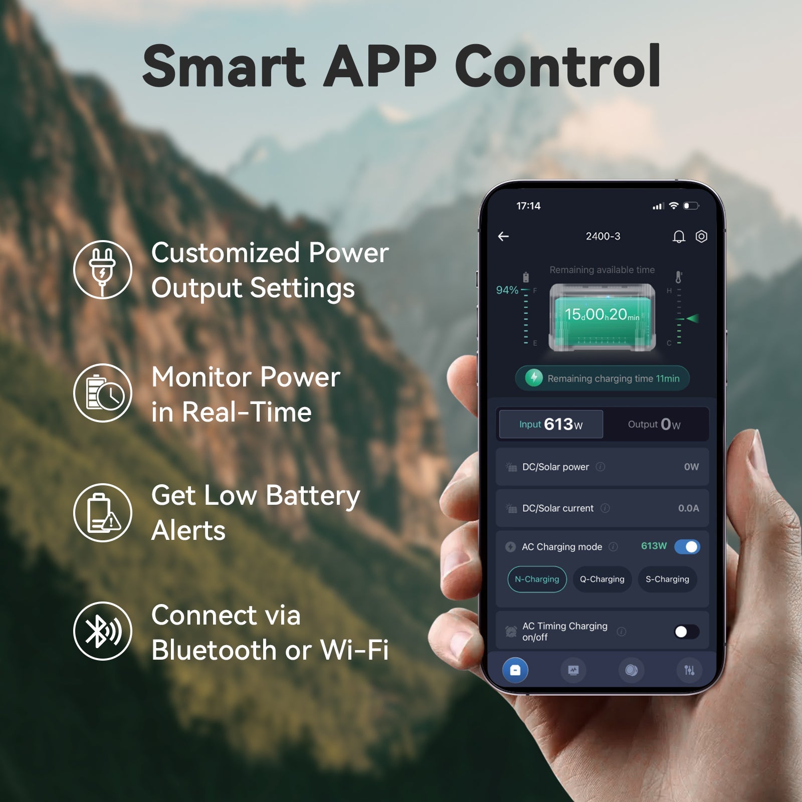 A hand holds a smartphone showing the ALLWEI US PPS2400 app with overlays for solar compatibility, custom power output, real-time monitoring, low battery alerts, and Bluetooth/Wi-Fi connectivity against mountain scenery.
