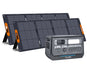 The ALLWEI US portable solar generator with a LiFePO4 battery and multiple outlets is displayed in front of foldable solar panels on side supports. Both products feature a dark gray design with orange accents.