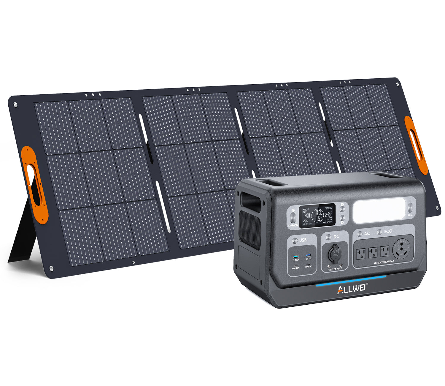 An ALLWEI US portable solar panel with orange handles stands behind a compact ALLWEI US solar generator, which offers multiple output ports, a display screen, and control buttons.