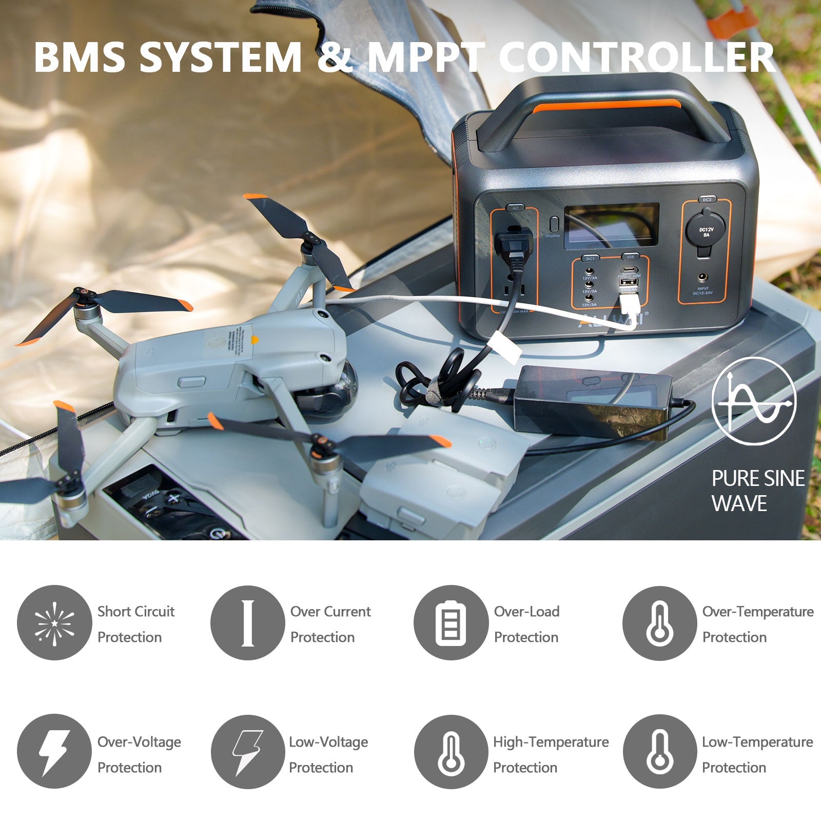 An ALLWEI US portable power station charges a drone outdoors. This lithium generator provides backup battery power and protects against short circuits, overcurrent, overload, over-voltage, low-voltage, and extreme temperatures.