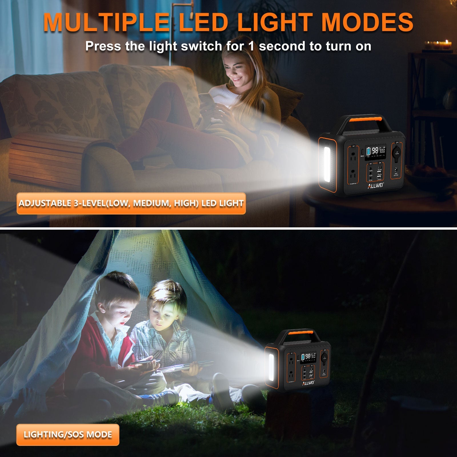 Top: A woman reads in a dimly lit room with an ALLWEI US portable power station's LED light. Bottom: Two children sit in a tent, illuminated by the backup battery's adjustable LED modes from ALLWEI US.