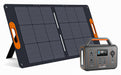 An ALLWEI US portable solar panel stands upright beside an ALLWEI US lithium portable power station featuring a digital display, multiple ports, and a handle—both designed for off-grid electricity.