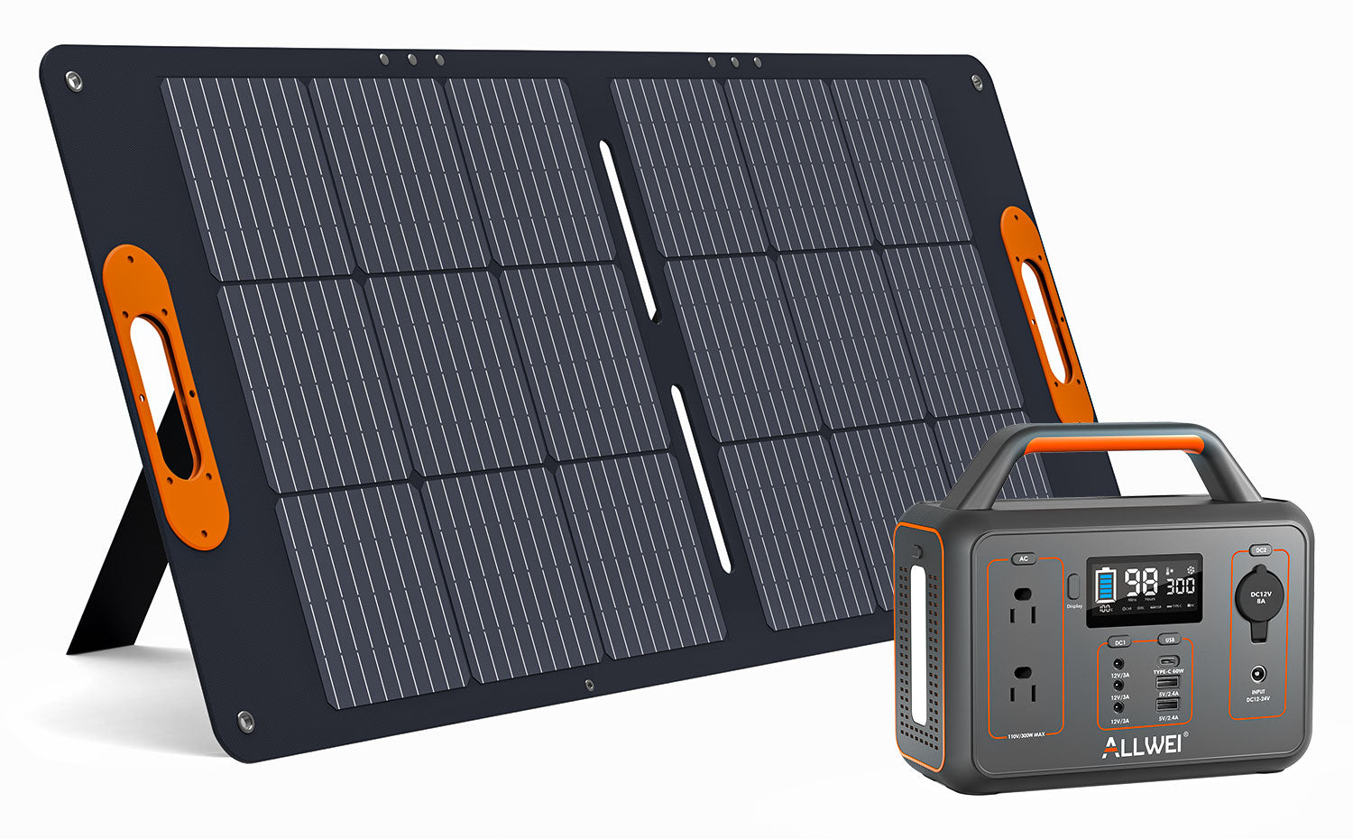 An ALLWEI US portable solar panel stands upright beside an ALLWEI US lithium portable power station featuring a digital display, multiple ports, and a handle—both designed for off-grid electricity.