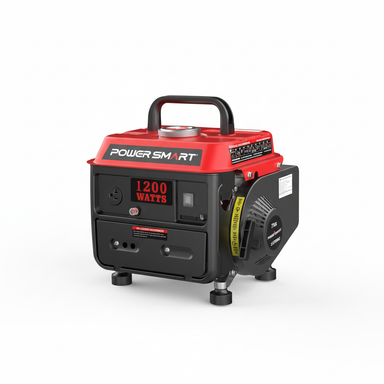 The PowerSmart portable generator features a black and red casing, 1200-watt output, control dials, outlets, top handle, and four small legs—a quiet inverter that's ideal for camping and outdoor adventures.