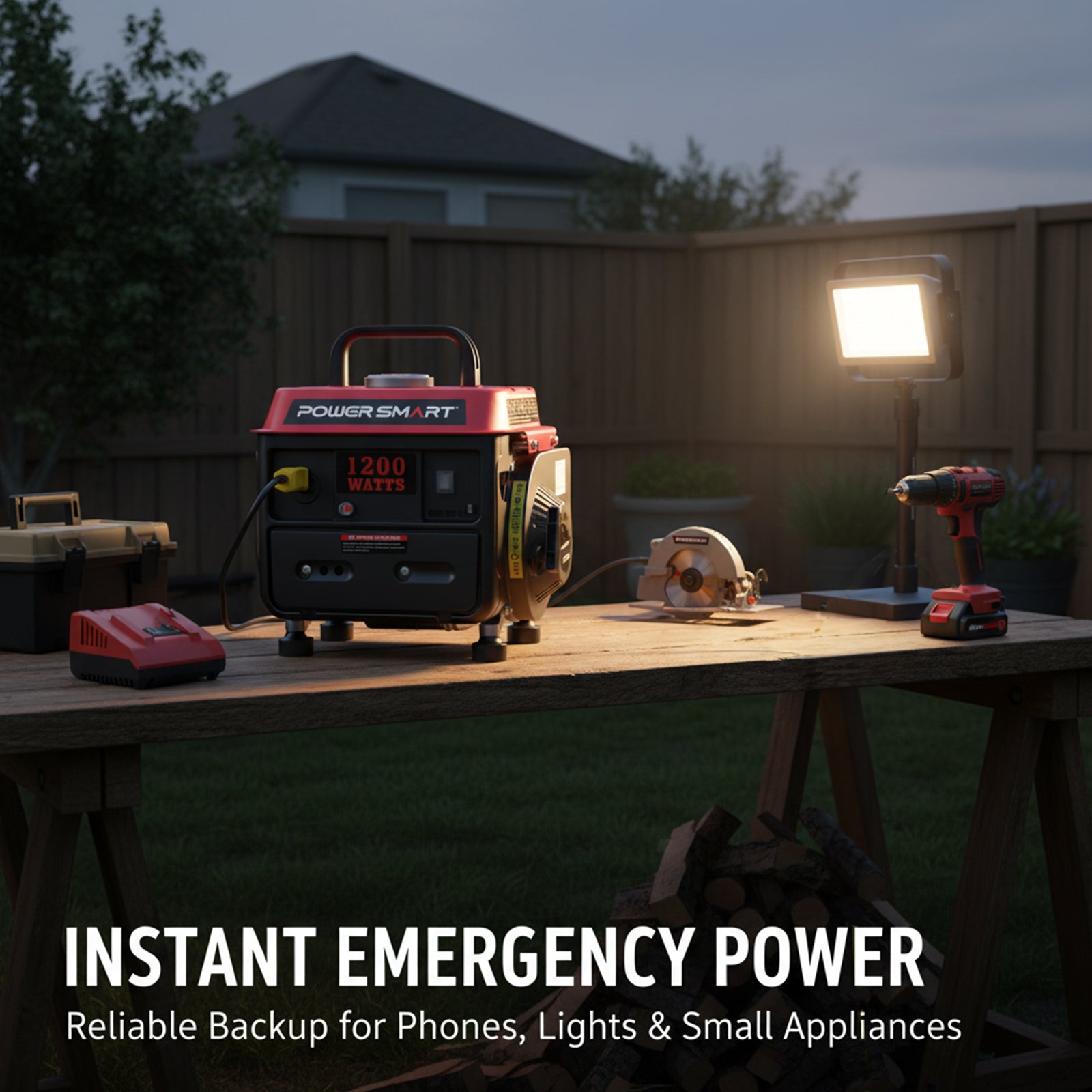 A PowerSmart portable generator sits on an outdoor table, quietly powering a light, drill, and small devices—ideal for camping or backyard emergencies. Text reads: "Instant Emergency Power. Reliable Backup from PowerSmart.