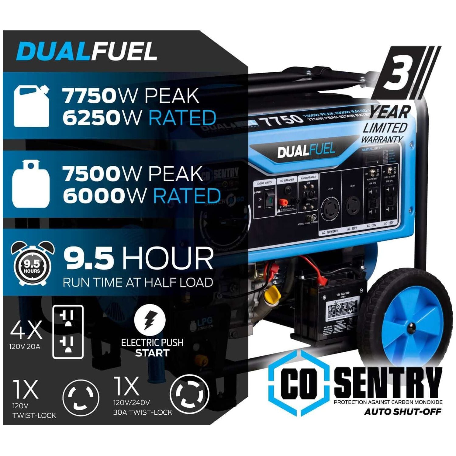 Pulsar Dual-Fuel Generator Pulsar PG7750BCO 7,750-Watt Dual-Fuel Generator with CO Alert – CARB Compliant