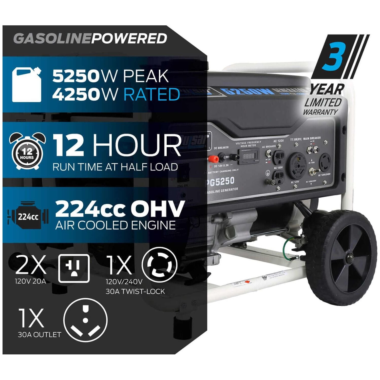 Pulsar generators Pulsar PG5250 5,250 Peak Watt Gas-Powered Portable Generator with Mobility Kit
