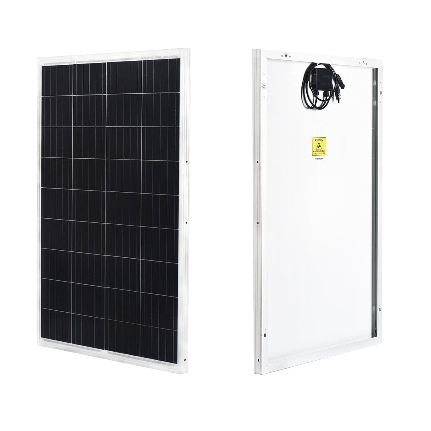 Two views of a Nature's Generator rectangular solar panel: the front features a grid of photovoltaic cells, and the back shows a white surface with junction box and wiring—perfect for pairing with LiFePO4 battery-powered solar generators.
