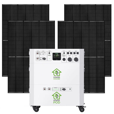 A Nature's Generator portable Powerhouse energy storage unit on wheels stands before four large solar panels in a grid, functioning as a battery backup with multiple front-panel switches, ports, and indicators.