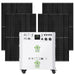 A Nature's Generator portable Powerhouse energy storage unit on wheels stands before four large solar panels in a grid, functioning as a battery backup with multiple front-panel switches, ports, and indicators.