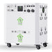 A white Nature's Generator portable unit labeled "Power House" and "Power Pod" features electric outlets, control panels, handles, caster wheels, vents, and battery backup—compatible with solar panel systems for versatile power needs.