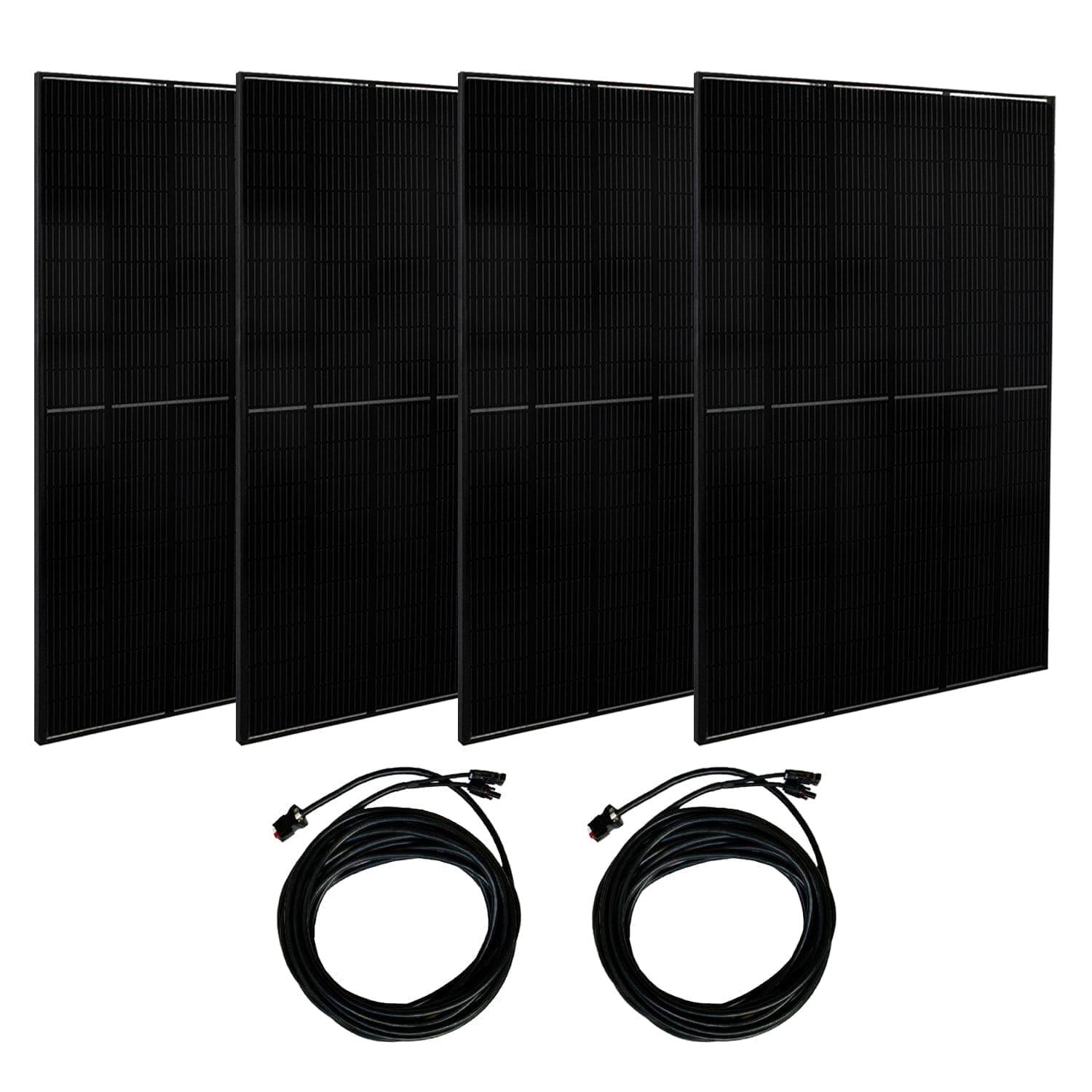 Four black rectangular solar panels from Nature's Generator stand upright in a row. In front, two coiled connector cables rest side by side, all set against a plain white background.