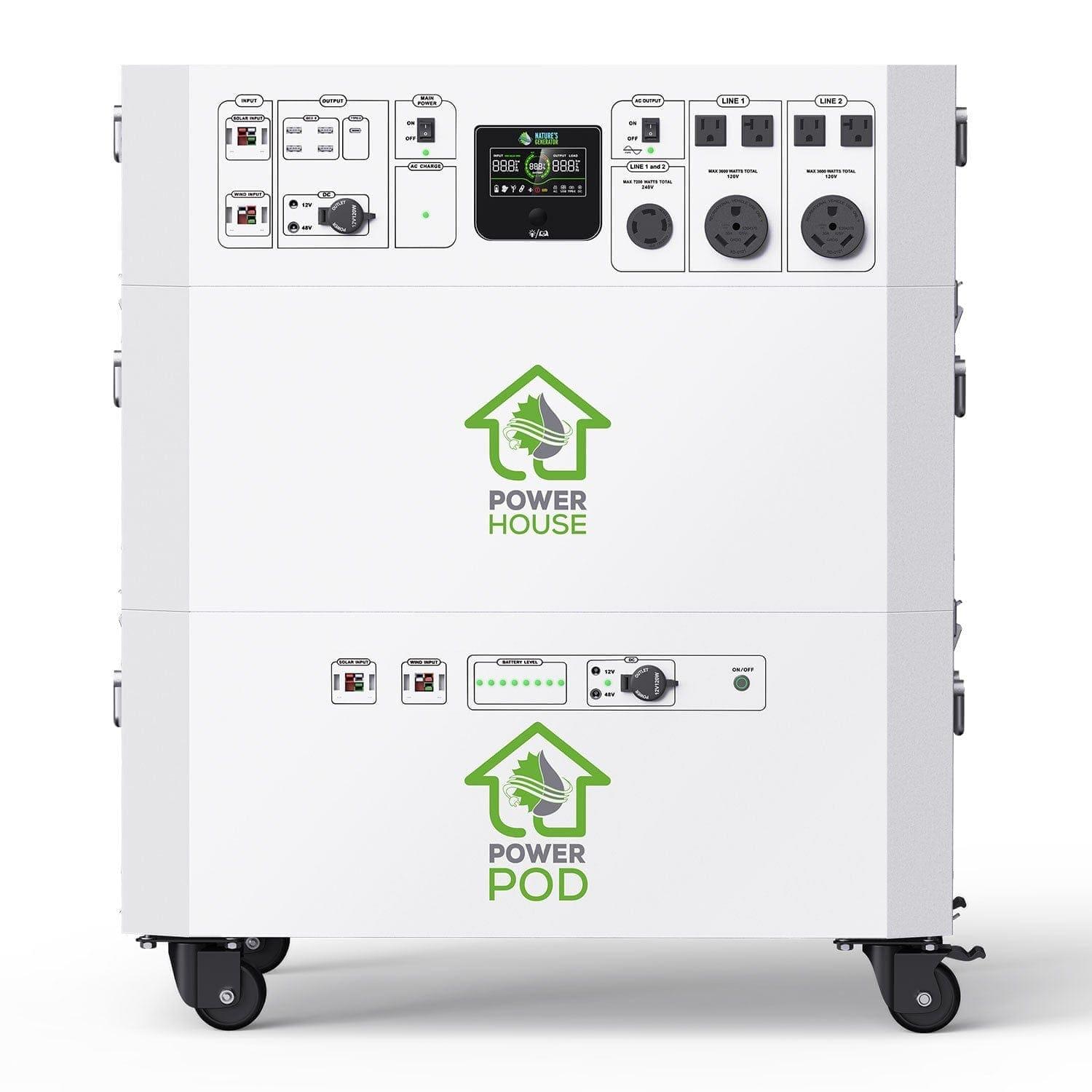 A portable white Nature's Generator power station on wheels with control panels, outlets, indicator lights, and "POWER HOUSE" and "POWER POD" logos featuring a green house and plug—ideal as a battery backup for your solar panel system.