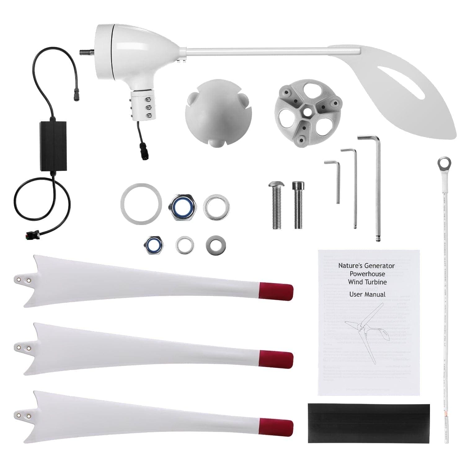 Nature's Generator wind turbine kit components laid out on a white background: three white blades with red tips, generator, power adapter, user manual, wiring, mounting hardware, bolts, nuts, and wrenches—perfect for off-grid energy needs.