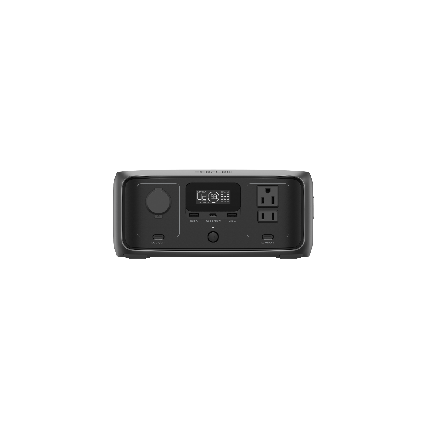 The EcoFlow black rectangular portable power station boasts a digital display, AC outlet, DC charging port, and USB port. With labeled buttons and versatile outputs on the front panel, it ensures ease of use and compatibility for fast charging in any situation.