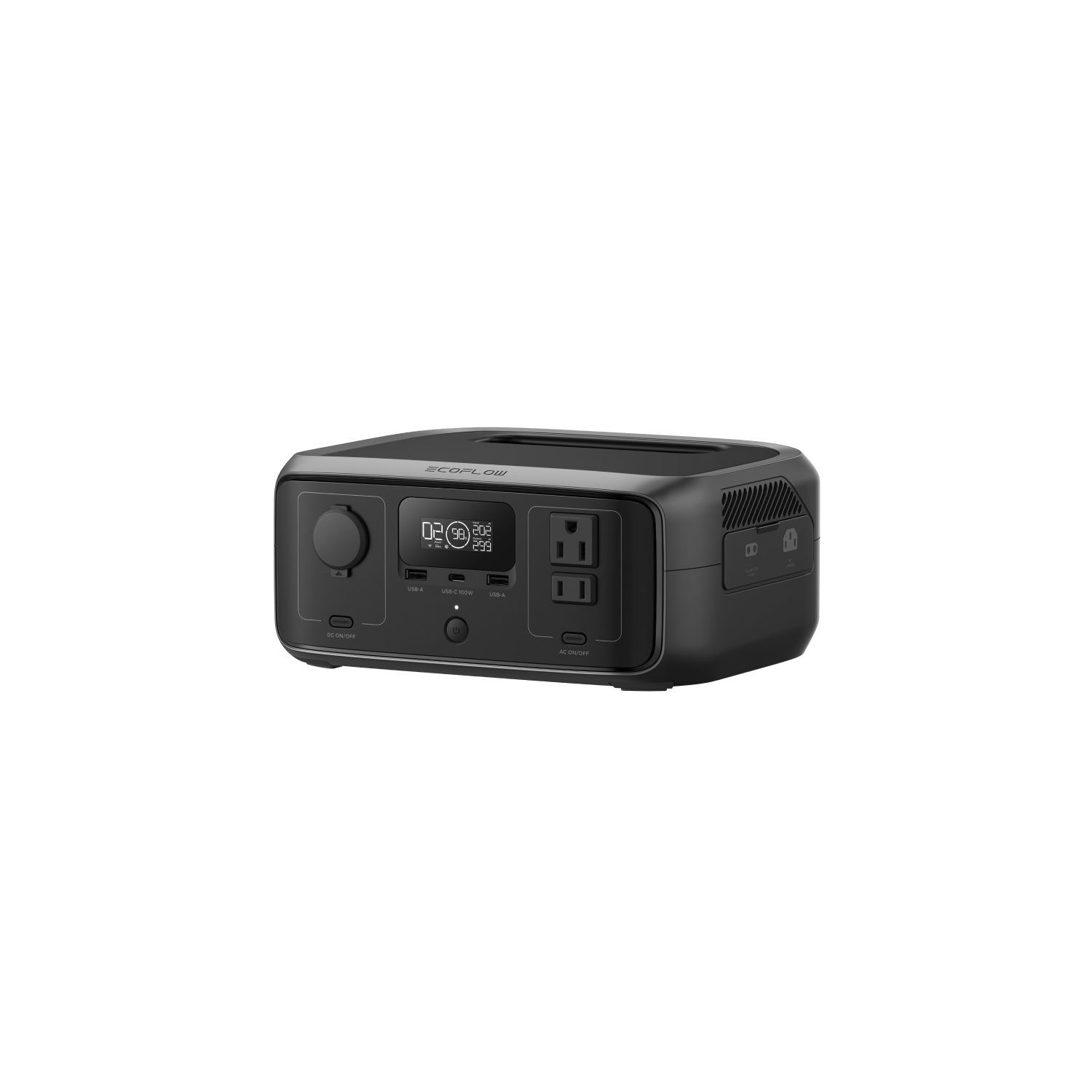 The EcoFlow black portable power station offers a compact, sleek design with a digital display, two electrical sockets, a dial, and buttons for versatile outputs. Fast-charging and modern, it's the ideal portable power solution.