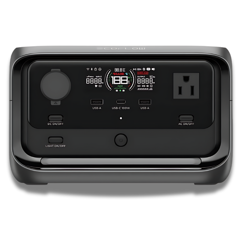 The EcoFlow RIVER 3 Plus, a sleek black portable power station, is ideal for backup during outages. It has a control panel with two USB-A ports, two USB-C ports, an AC outlet, and a DC outlet. The digital display provides real-time power statistics.