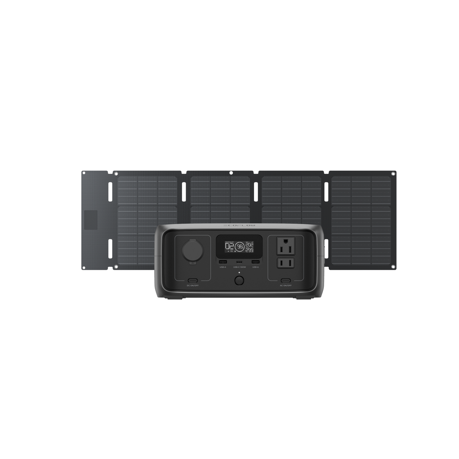 EcoFlow offers a portable power solution featuring a foldable solar panel with multiple segments aligned in a row and a power station that provides fast charging via versatile front outputs for various devices.